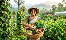 Lush green cardamom plantations in the misty hills of Idukki, Kerala.