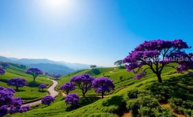Jacaranda trees in full bloom overlooking the green tea estates of Vaguvarai, Munnar.