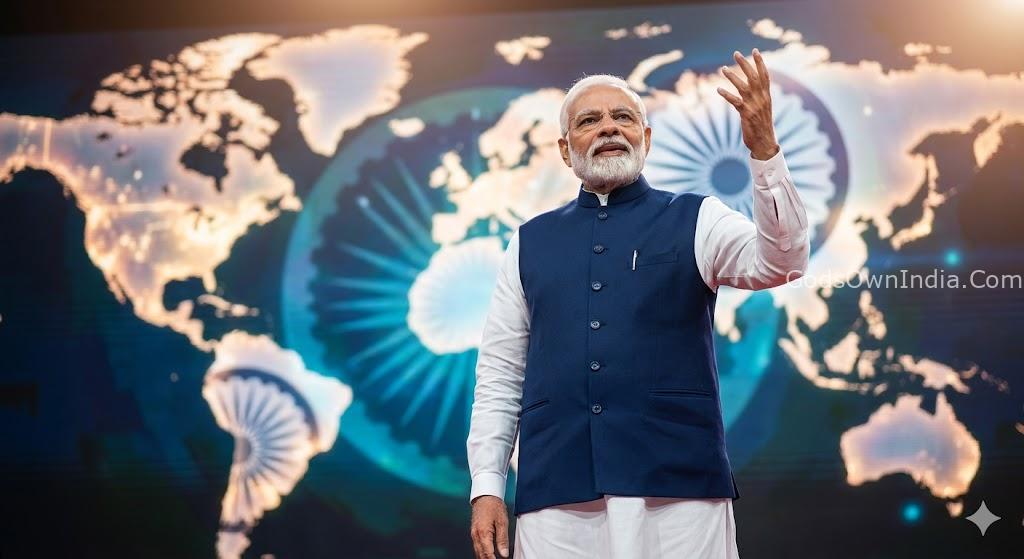 Prime Minister Narendra Modi delivering a visionary speech on a global stage.