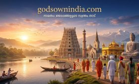 A panoramic view blending icons of different faiths