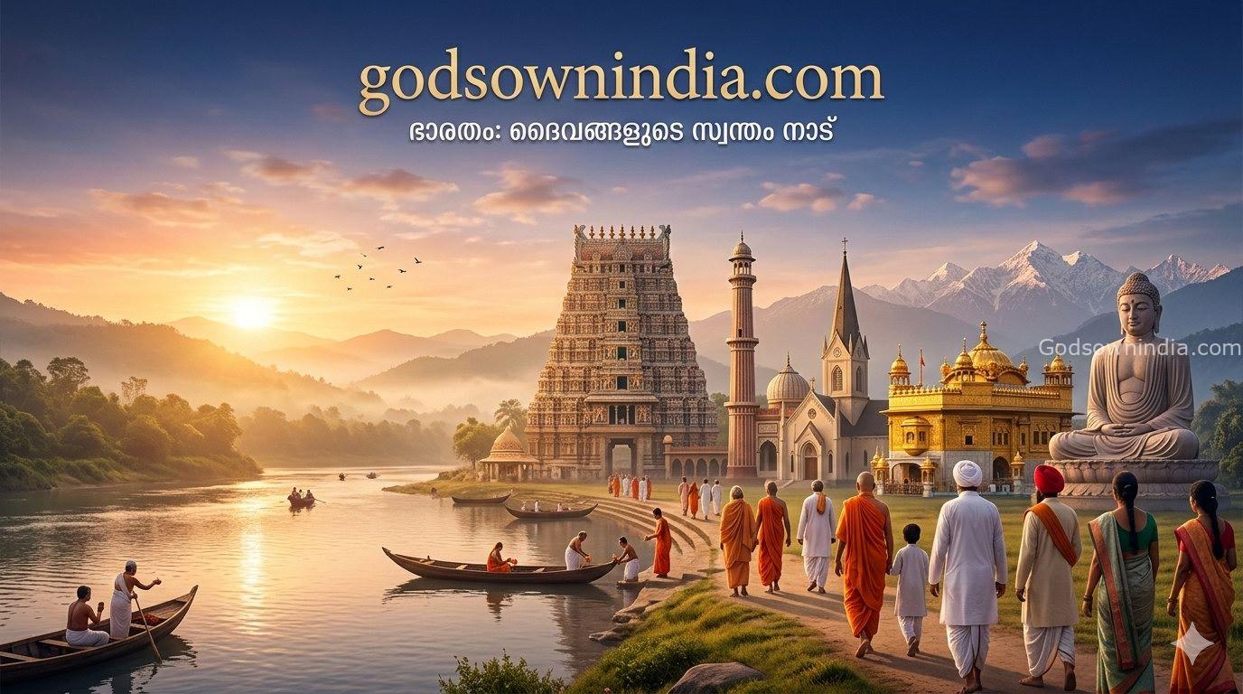 A panoramic view blending icons of different faiths