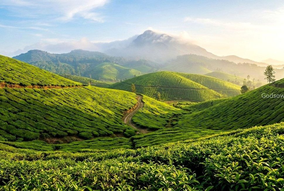 Panoramic view of emerald tea gardens in Munnar, a top tourist place in Idukki.