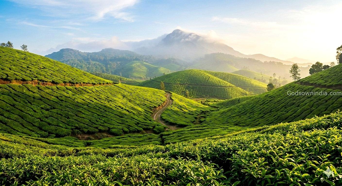 Panoramic view of emerald tea gardens in Munnar, a top tourist place in Idukki.