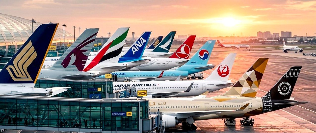 Top 10 major airlines 2026 fleet lineup at a modern airport terminal.