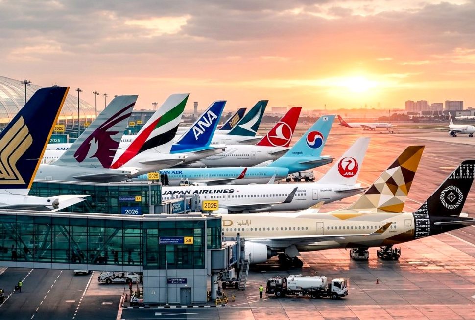Top 10 major airlines 2026 fleet lineup at a modern airport terminal.