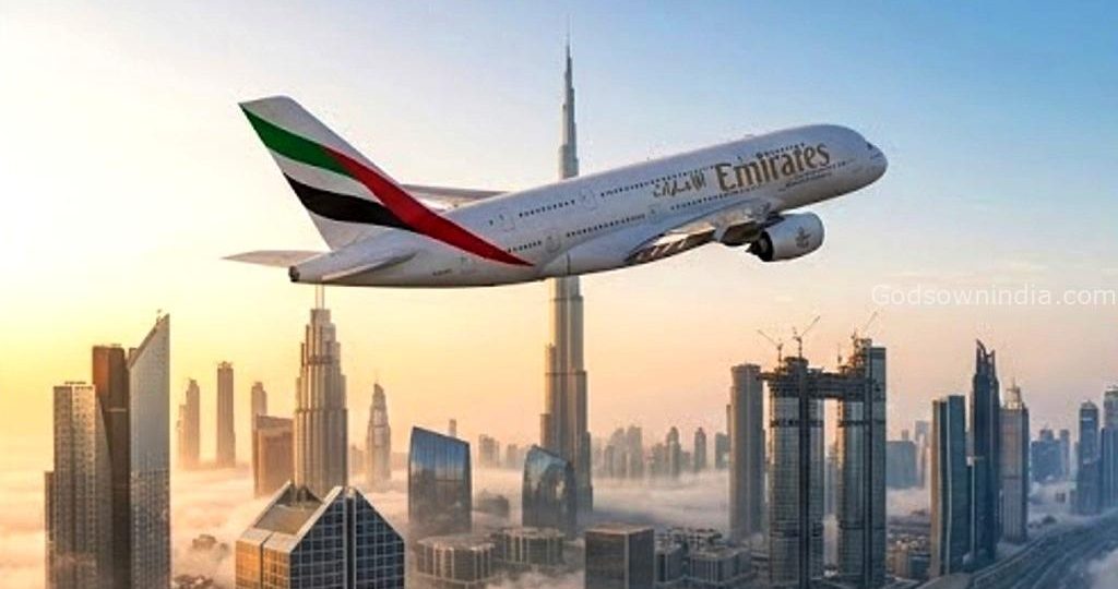 Emirates Airbus A380 flying over the Dubai skyline at sunset