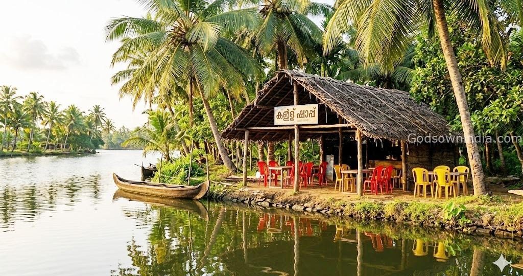 Scenic Kerala toddy shop located by the backwaters.