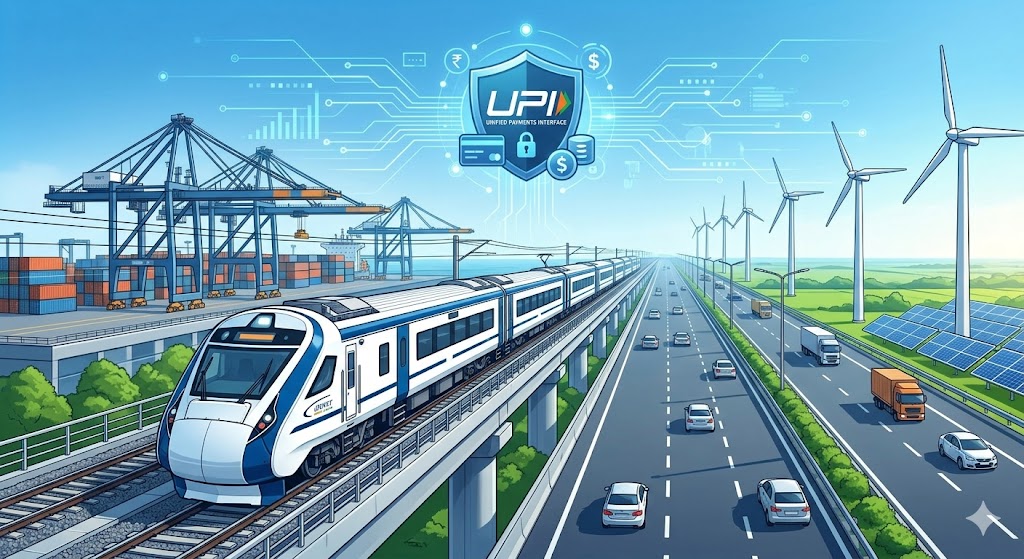 Vande Bharat train and digital payment icons symbolizing India's progress.