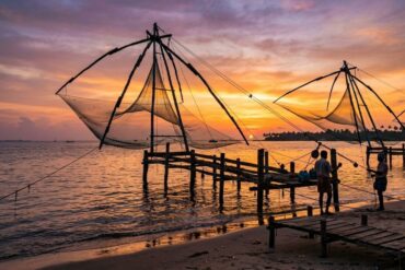 A wide-angle landscape photograph captured during a golden sunrise