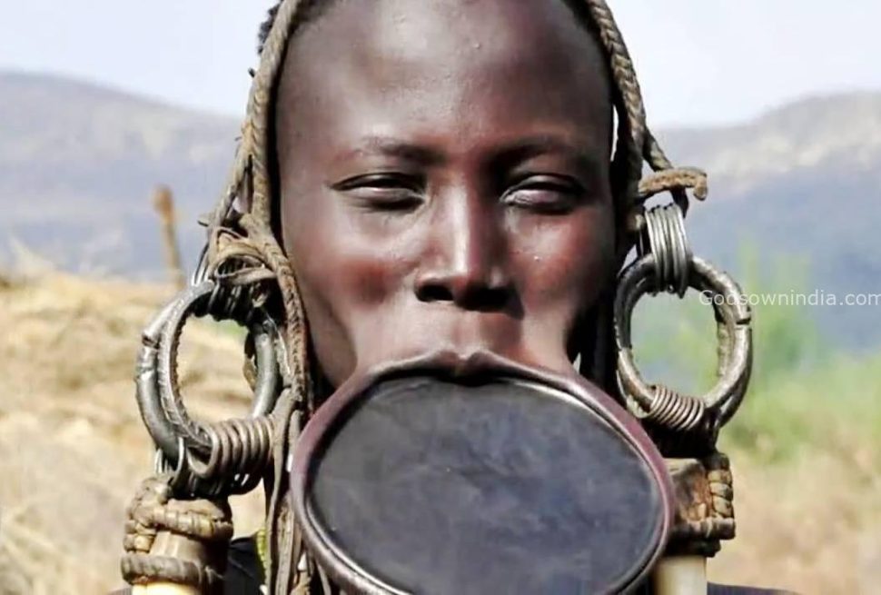 A detailed close-up shot of a Mursi woman's lower lip stretched wide by hand