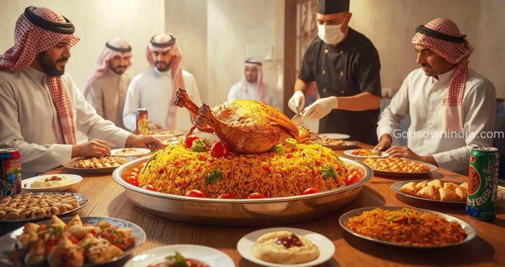 A close-up view of a traditional Arabian feast featuring a whole roasted lamb
