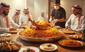 A close-up view of a traditional Arabian feast featuring a whole roasted lamb