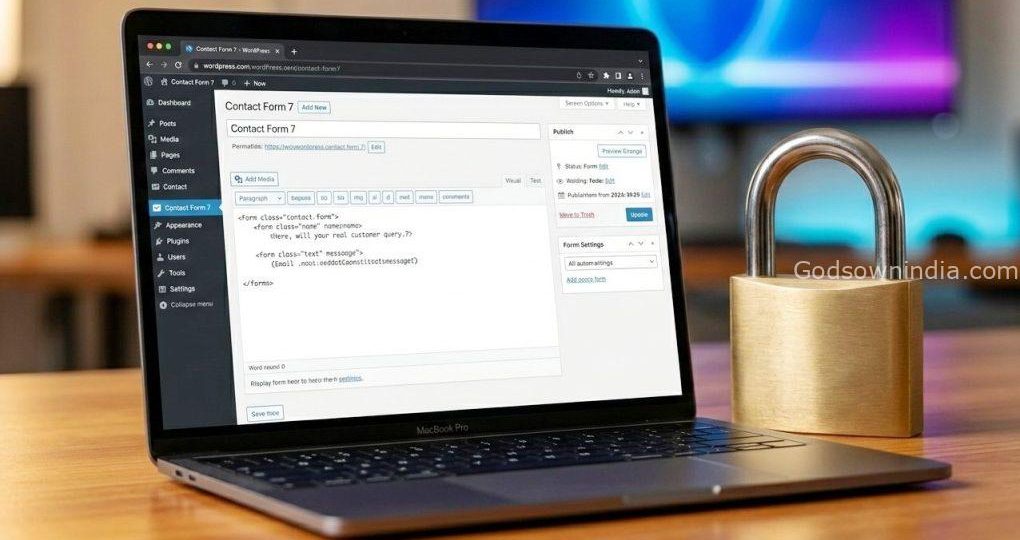 Close-up of a laptop displaying Contact Form 7 next to a secure padlock.