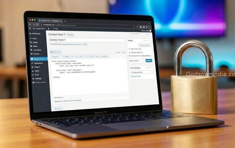 Close-up of a laptop displaying Contact Form 7 next to a secure padlock.