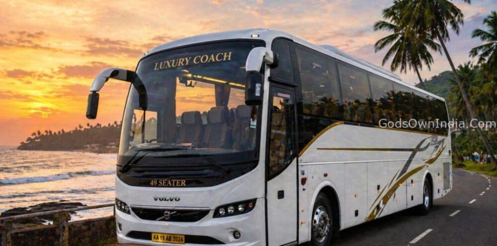 A 49-seater luxury coach parked near a scenic coastal road