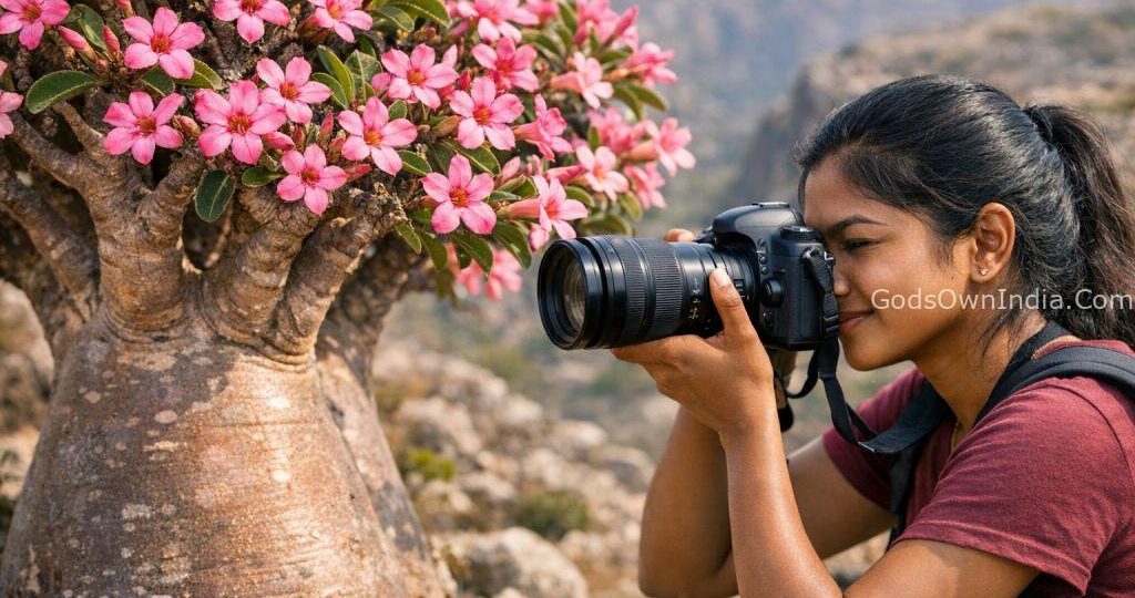 South Indian female photographer capturing the pink blossoms of a Socotra Bottle Tree.