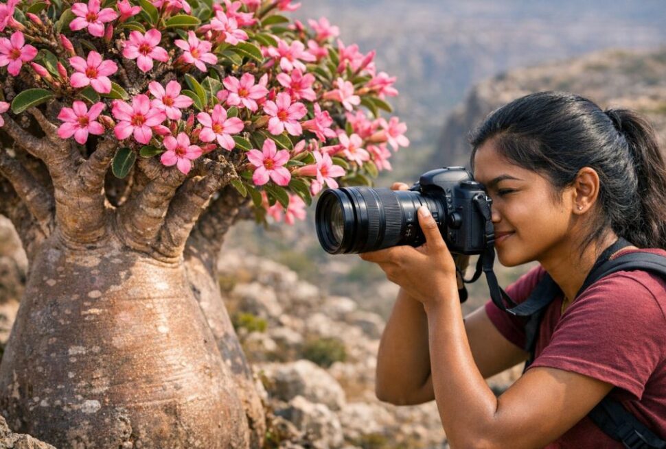 South Indian female photographer capturing the pink blossoms of a Socotra Bottle Tree.