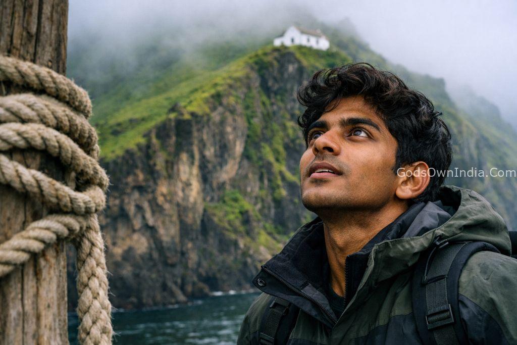 Young traveler preparing to explore the cliffs of Elliðaey.