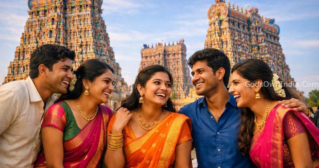 A group of young South Indian women aged 20-25 walking through the streets of Madurai near the Meenakshi Temple.