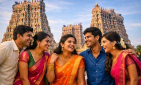 A group of young South Indian women aged 20-25 walking through the streets of Madurai near the Meenakshi Temple.