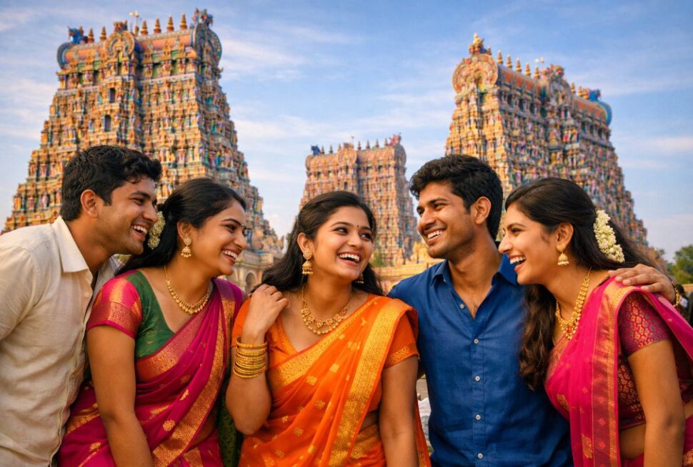 A group of young South Indian women aged 20-25 walking through the streets of Madurai near the Meenakshi Temple.