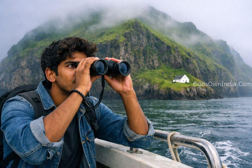 South Indian traveler viewing the loneliest house on Elliðaey Island.