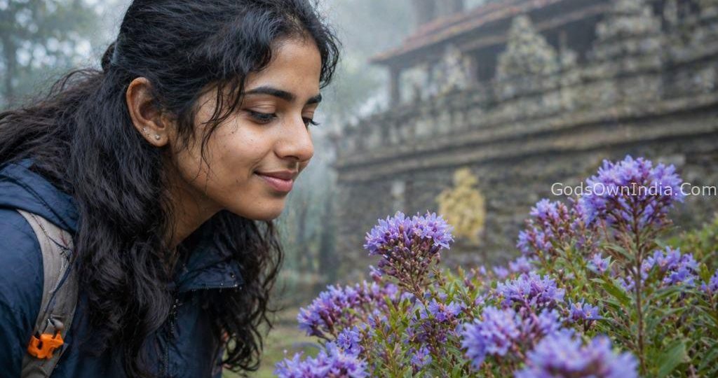 A young traveler observing the rare 12-year Neelakurinji flower near Mangaladevi Temple.