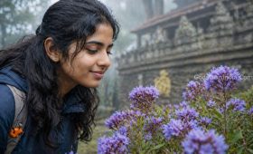 A young traveler observing the rare 12-year Neelakurinji flower near Mangaladevi Temple.
