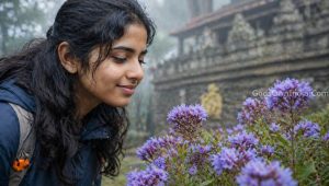 A young traveler observing the rare 12-year Neelakurinji flower near Mangaladevi Temple.