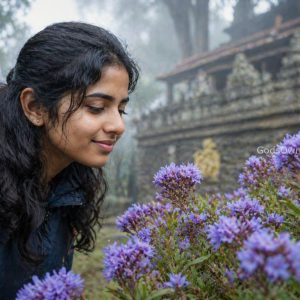 A young traveler observing the rare 12-year Neelakurinji flower near Mangaladevi Temple.