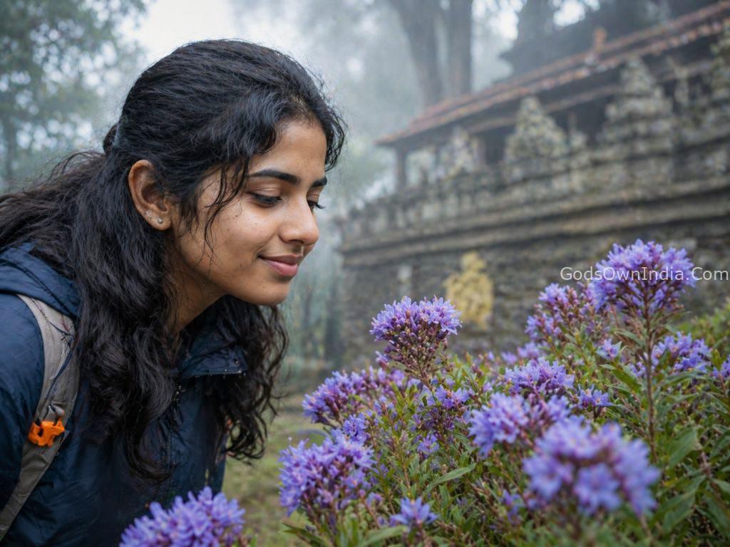 A young traveler observing the rare 12-year Neelakurinji flower near Mangaladevi Temple.