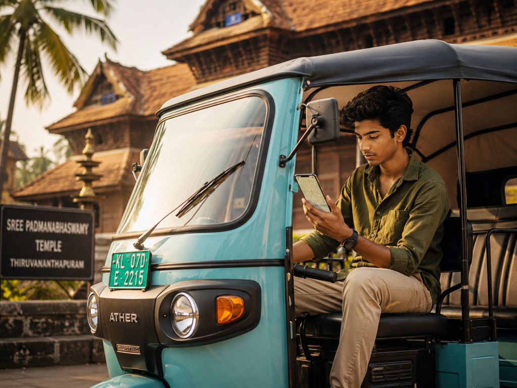 A young driver with an electric Tuk-tuk in Keral