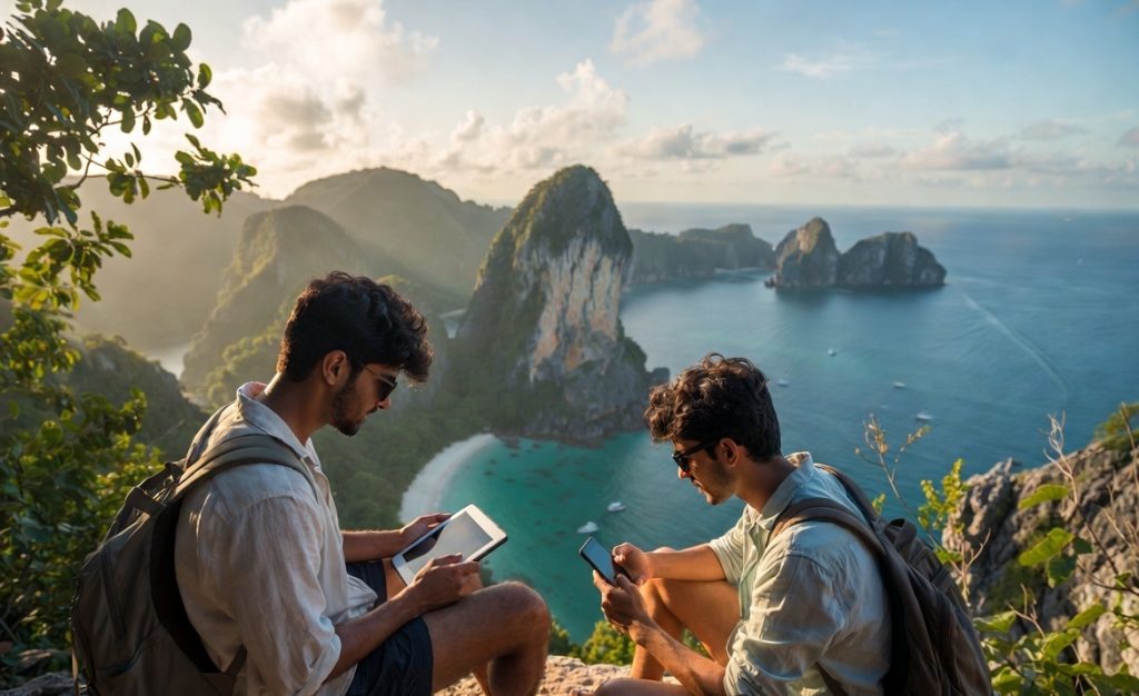 Two adventurous Indian youth travelers aged 18-20 sitting on a scenic coastal viewpoint